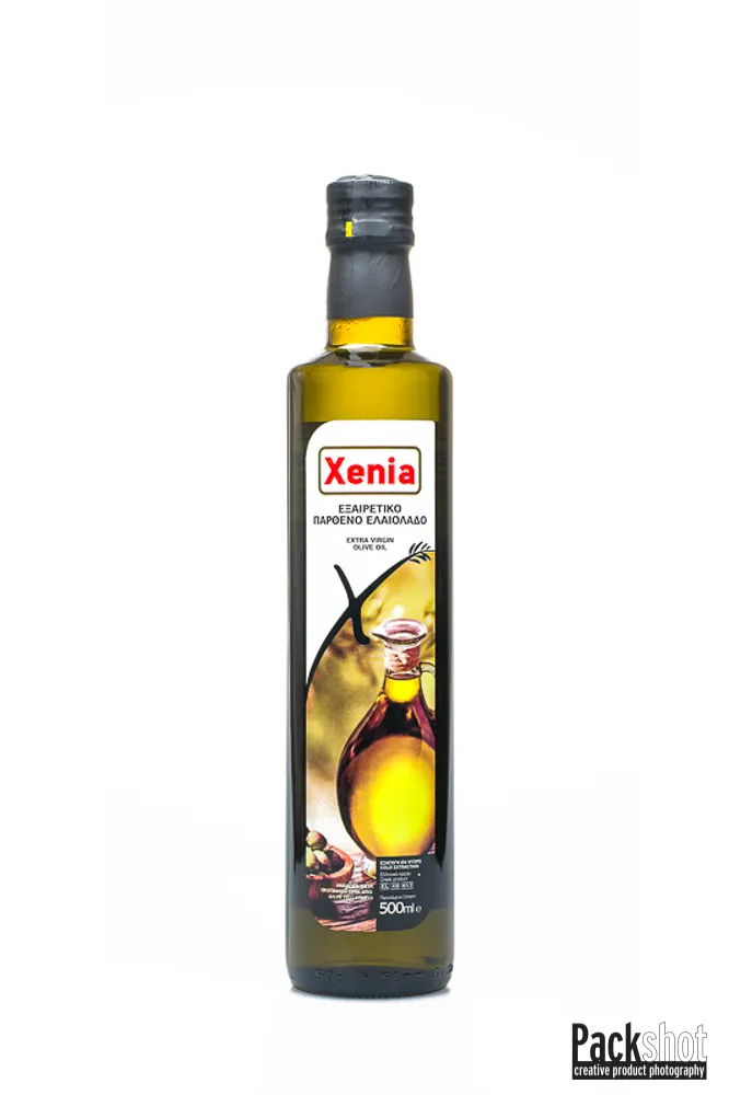 Φωτογράφιση Συσκευασία Ελαιόλαδου XENIA, 250ml, γυάλινη συσκευασία, εμπρός όψη.